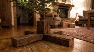 Selbstgebauter Christbaumständer aus massivem Holz mit Kreuzfuß im Wohnzimmer