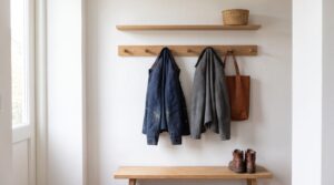 Selbstgebaute Garderobe aus Eichenholz mit Hakenleiste, Ablage und Bank im Flur