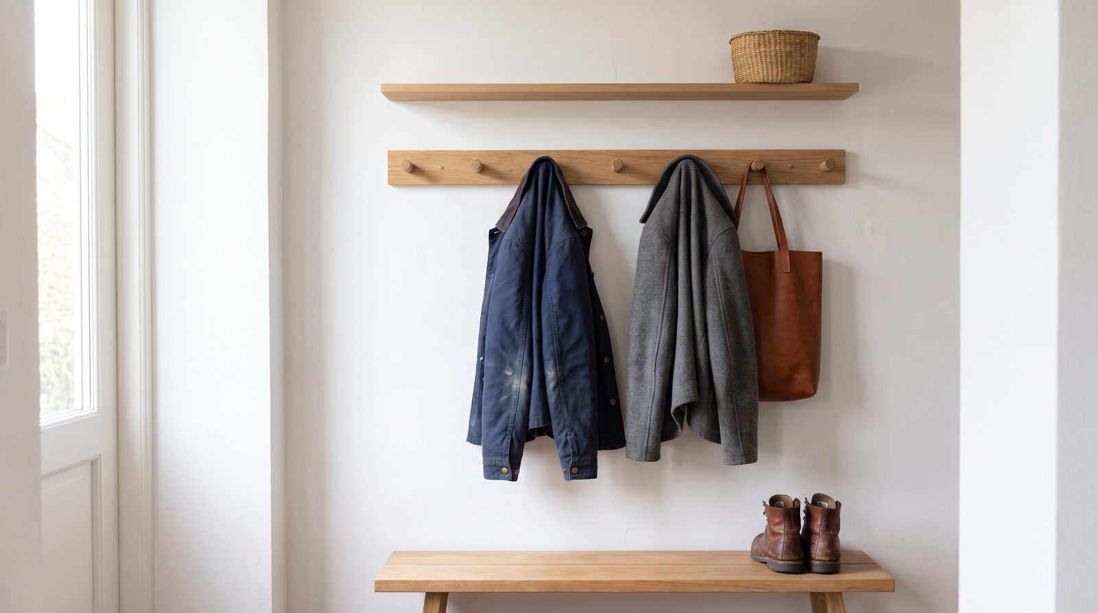 Selbstgebaute Garderobe aus Eichenholz mit Hakenleiste, Ablage und Bank im Flur