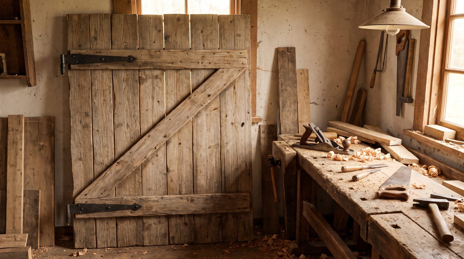 Selbstgebaute Holztür aus Brettern mit Z-Strebe und Beschlägen in der Werkstatt