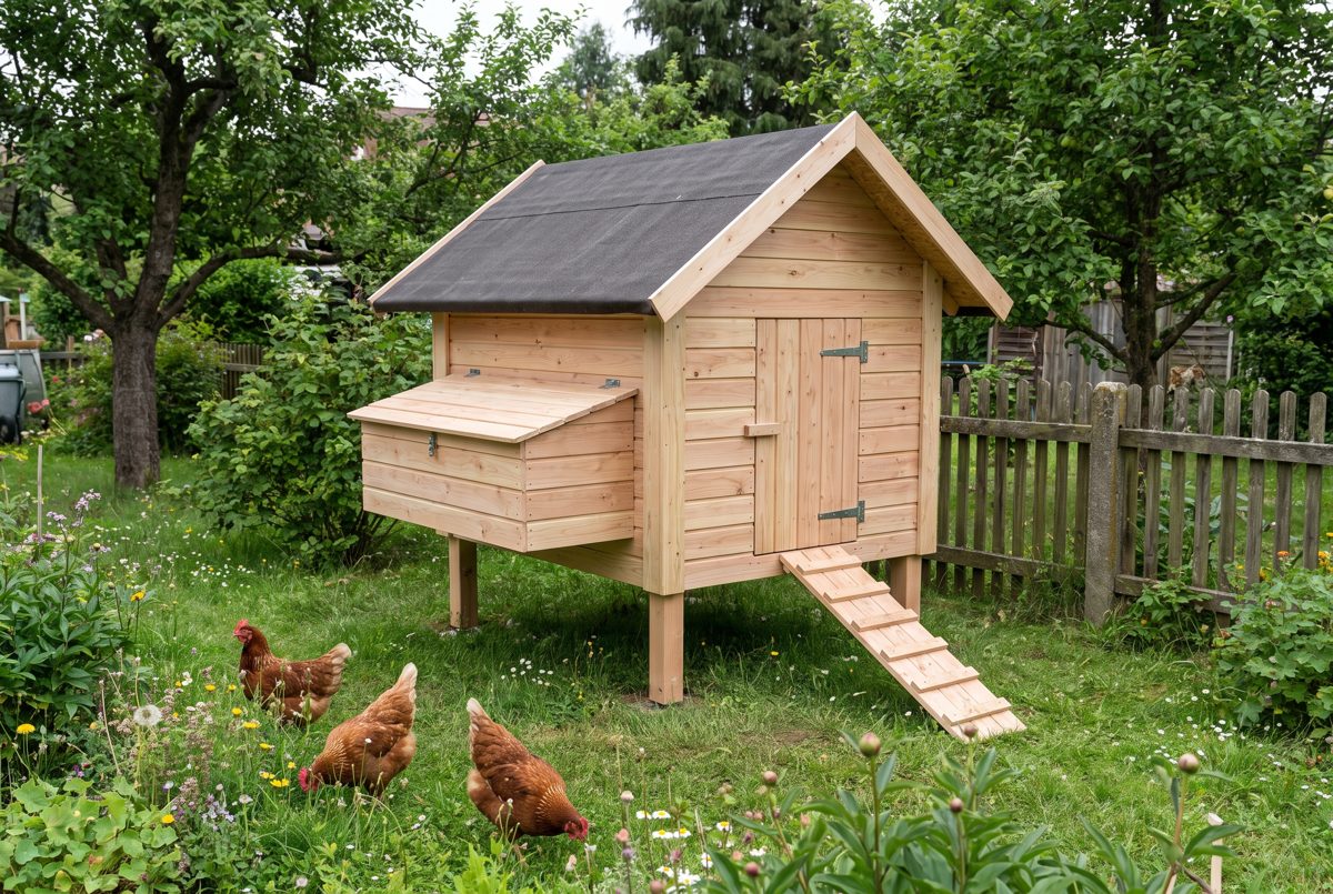 Selbstgebauter Hühnerstall aus Holz mit Legenest, Hühnerleiter und Hühnern im Garten