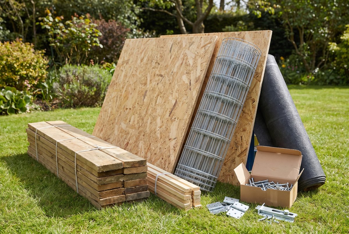 Materialien für den Hühnerstall: Kanthölzer, OSB-Platten, Volierendraht, Dachpappe, Schrauben und Scharniere