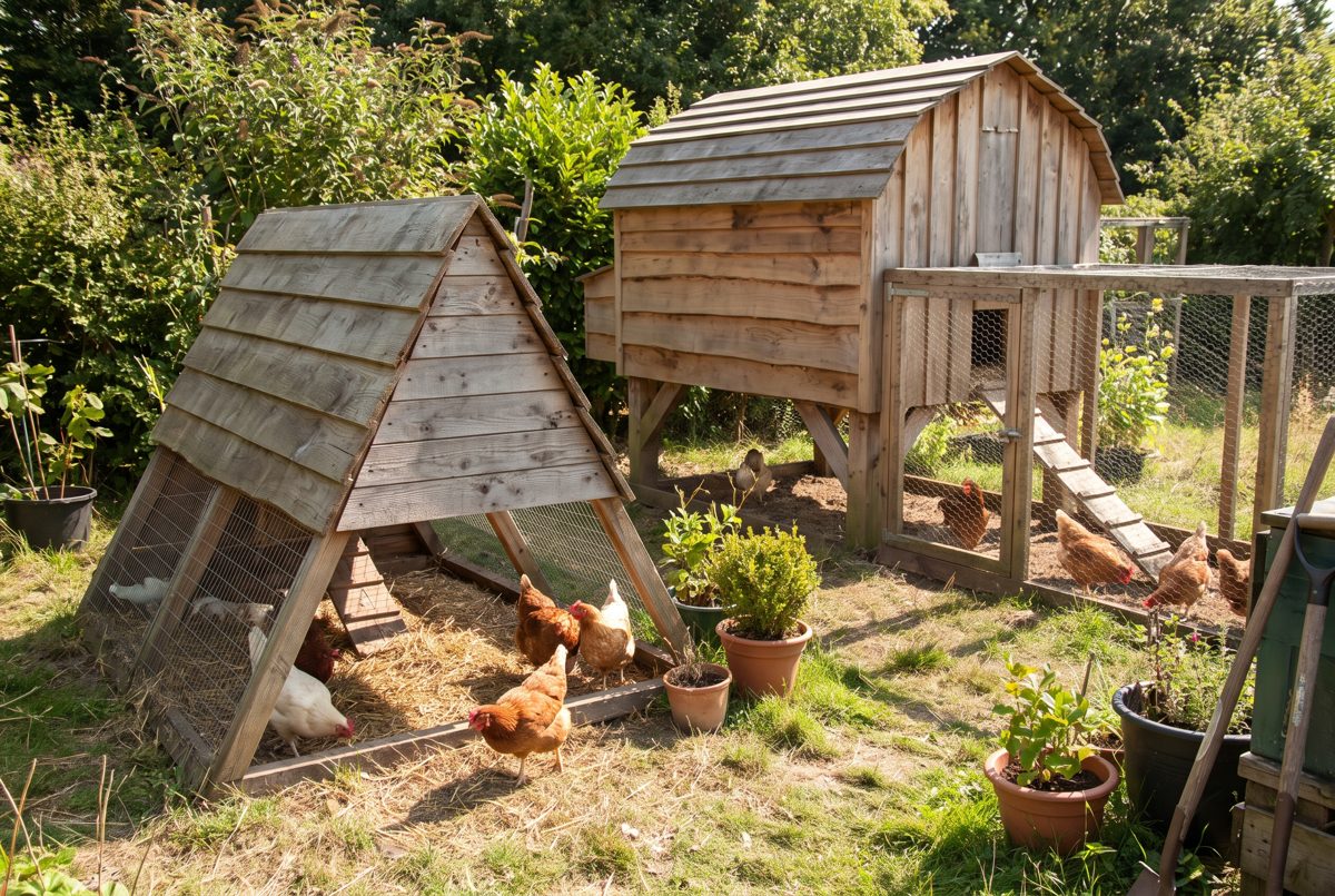 Zwei Hühnerstall-Modelle im Vergleich: kleiner A-Rahmen-Stall und aufgeständerter Stall mit Auslauf
