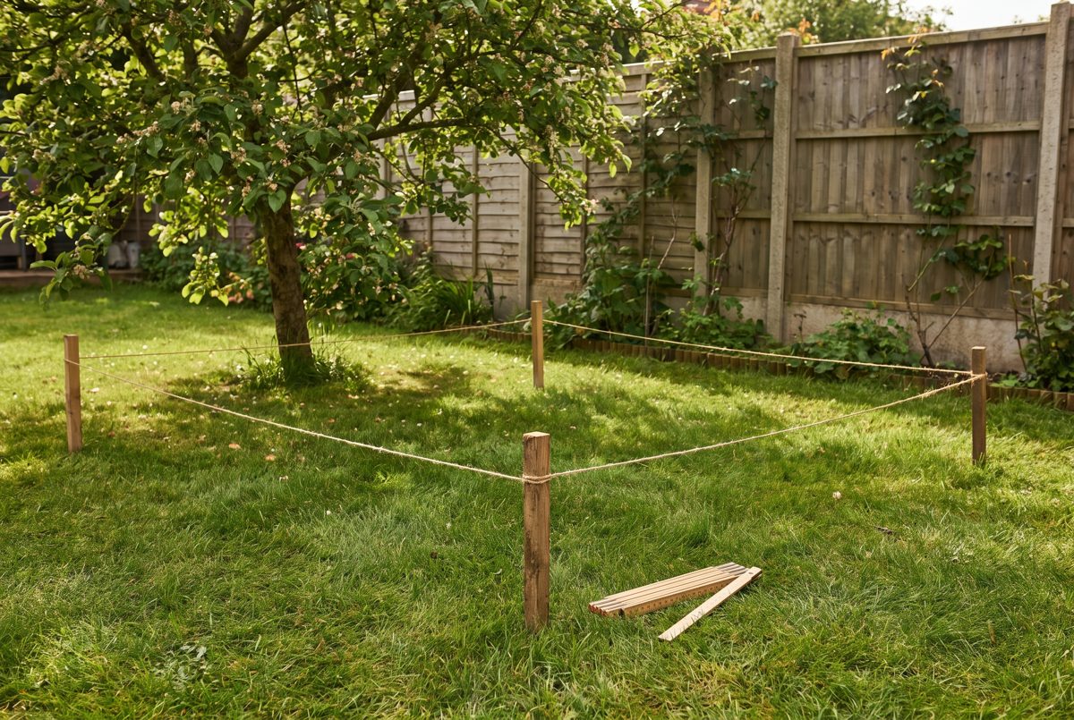 Mit Pflöcken und Schnur abgesteckter Standort für den Hühnerstall im Halbschatten eines Obstbaums
