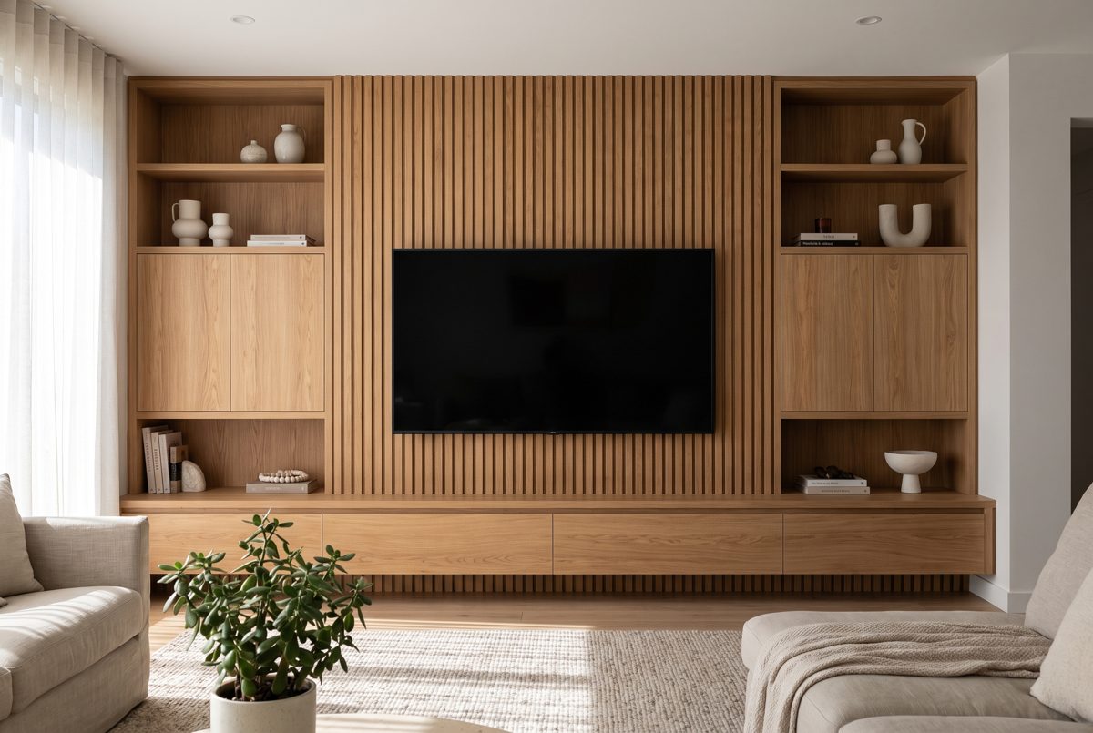 Selbstgebaute TV-Wand mit Holzlamellen, offenen Regalen und Lowboard im Wohnzimmer