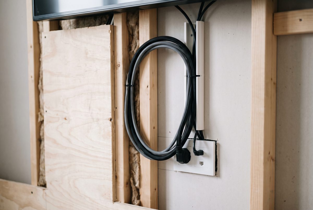 Kabelmanagement hinter der TV-Wand mit Kabelschlauch, Kabelkanal und Steckdose
