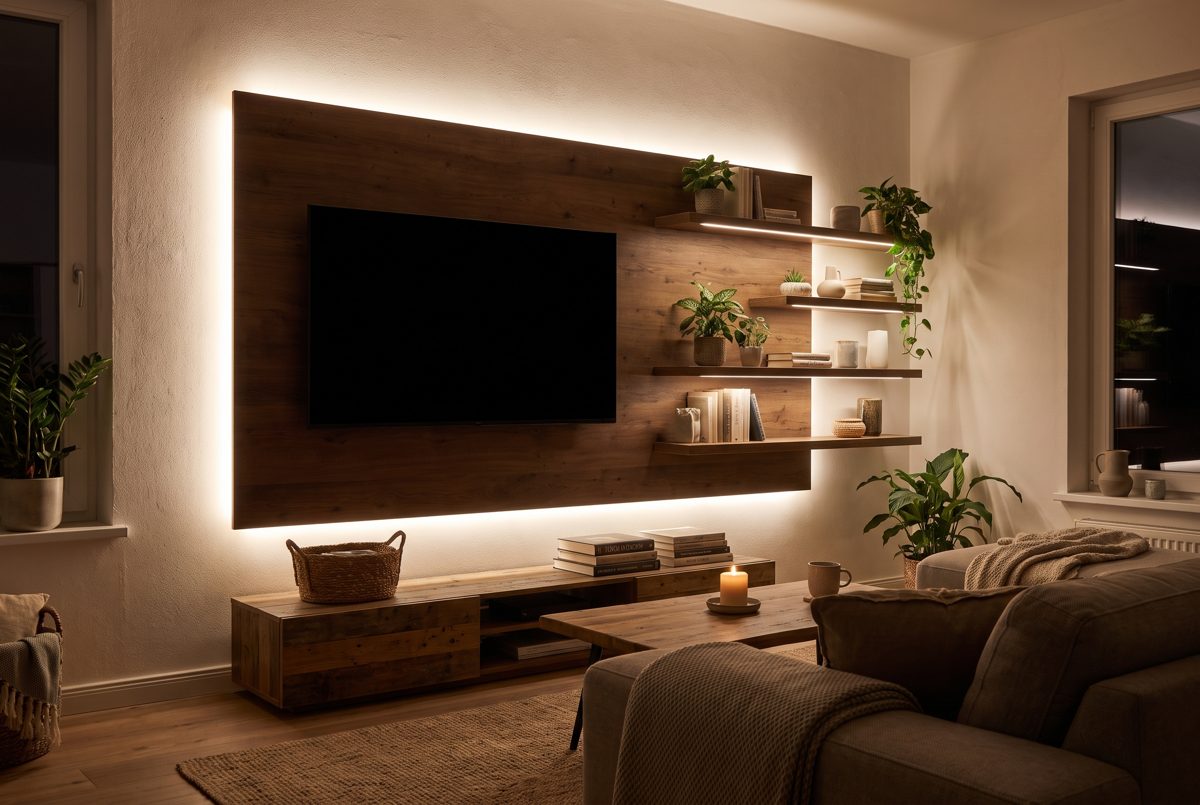 TV-Wand mit indirekter LED-Beleuchtung hinter der Holzverkleidung am Abend