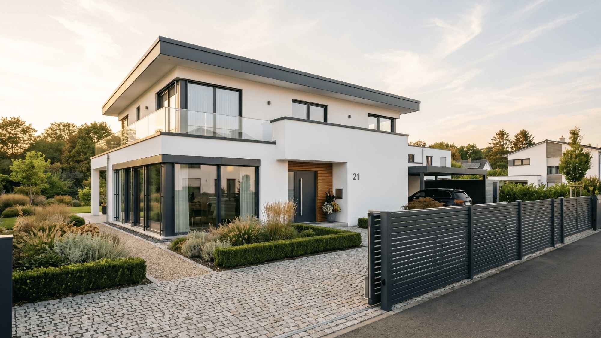 Modernes Einfamilienhaus mit Fenster, Tür, Zaun und Carport – von clever-bauen.de