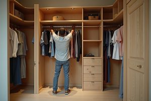 Person räumt Kleidung in einen selbstgebauten Einbauschrank aus hellem Holz mit Fächern und Schubladen