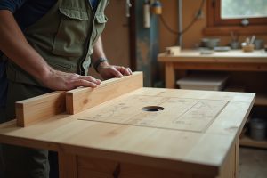 Selbstgebauter Frästisch aus Holz mit Anschlag in der Werkstatt