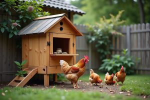 Selbstgebauter Hühnerstall aus Holz mit Hühnern im Garten