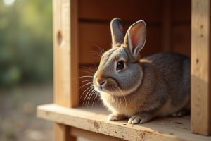 Kaninchen in einem selbstgebauten Kaninchenstall aus Holz
