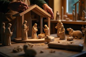 Selbstgebaute Weihnachtskrippe aus Holz mit geschnitzten Figuren