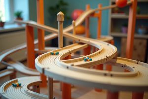 Selbstgebaute Murmelbahn aus Holz mit geschwungenen Bahnen