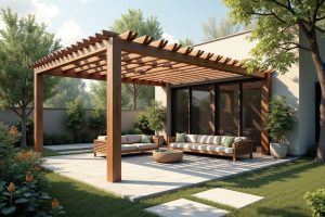 Selbstgebaute Pergola aus Holz über einer Terrasse mit Lounge-Möbeln