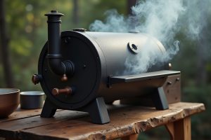 Selbstgebauter Räucherofen aus Metall, aus dem Rauch aufsteigt
