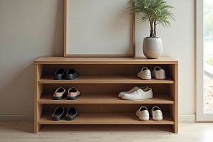 Selbstgebautes Schuhregal aus Holz mit Schuhen im Flur