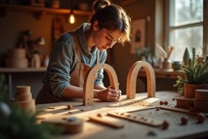 Heimwerkerin sägt Bögen für einen selbstgebauten Schwibbogen aus Holz
