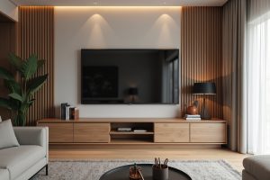 Selbstgebaute TV-Wand mit Holzlamellen und Lowboard im Wohnzimmer