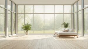 Moderne raumhohe Fenster in einem hellen Wohnzimmer