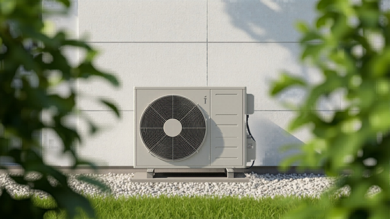 Gasheizung auf Wärmepumpe umrüsten Moderne Luft-Wasser-Wärmepumpe als Außengerät an einem Wohnhaus