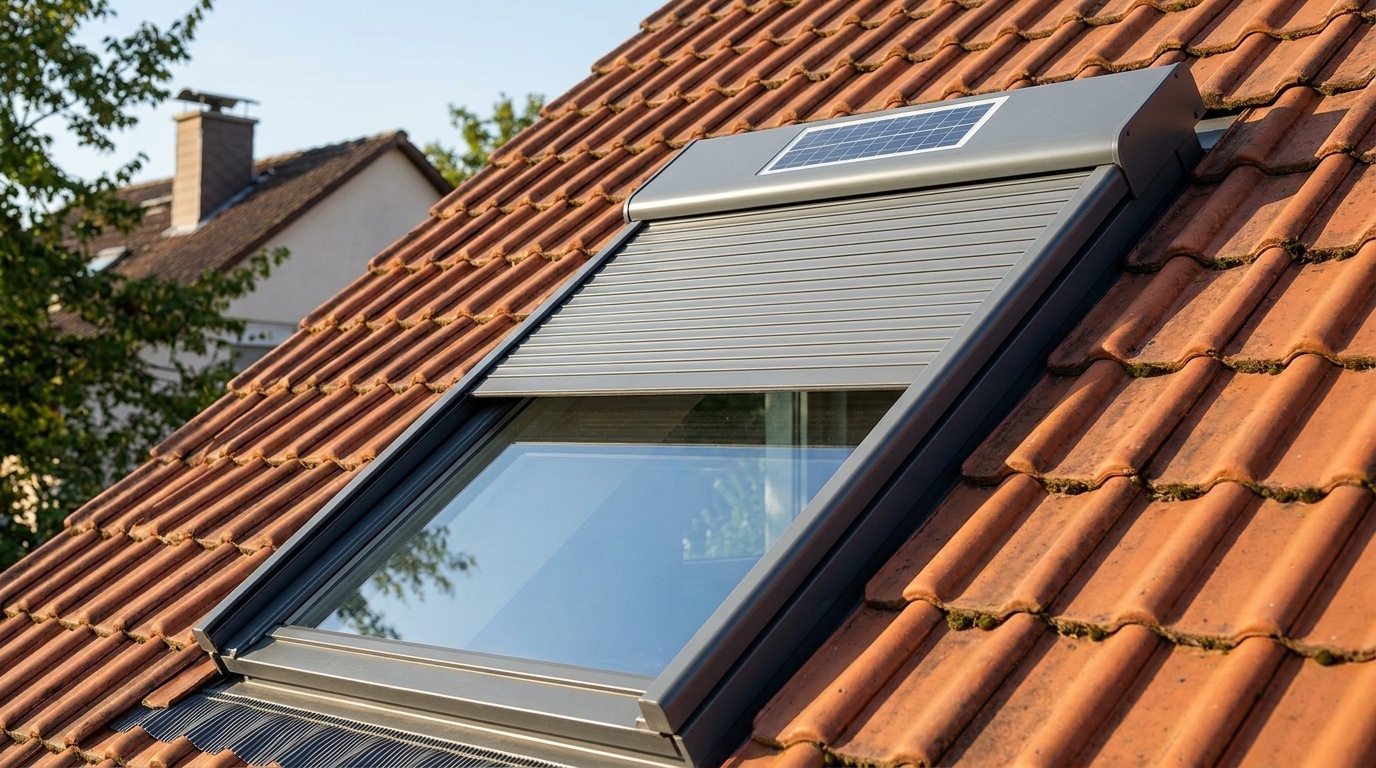 Dachfenster mit außenliegendem Solar-Rollladen und Solarmodul auf einem Ziegeldach