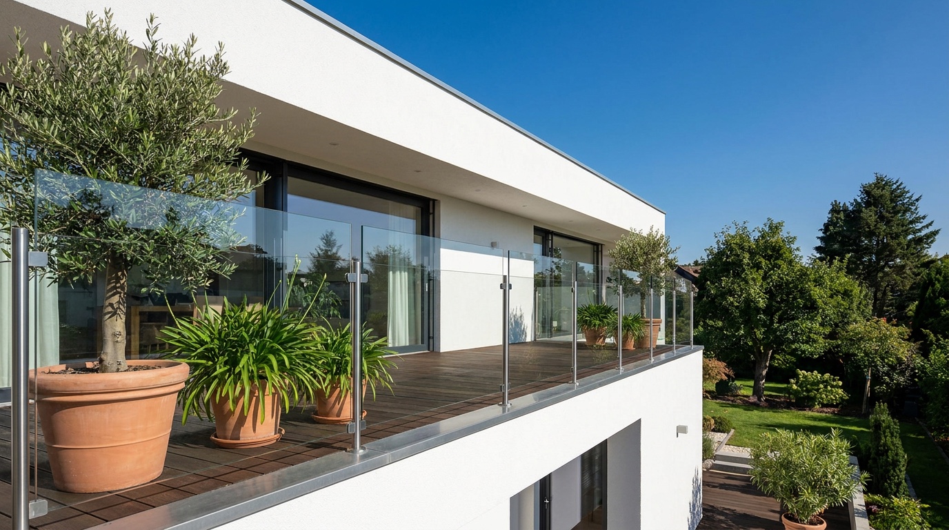 Balkon eines modernen Hauses mit Edelstahl-Glasgelaender und bepflanzten Kuebeln