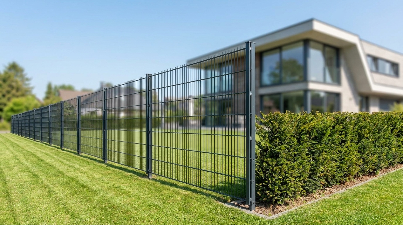 Anthrazit Doppelstabmattenzaun an einem Grundstück Moderner anthrazitfarbener Doppelstabmattenzaun entlang eines Grundstuecks mit Rasen und Hecke