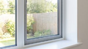 Insektenschutz-Spannrahmen mit Alurahmen an einem Fenster mit Blick in den Garten