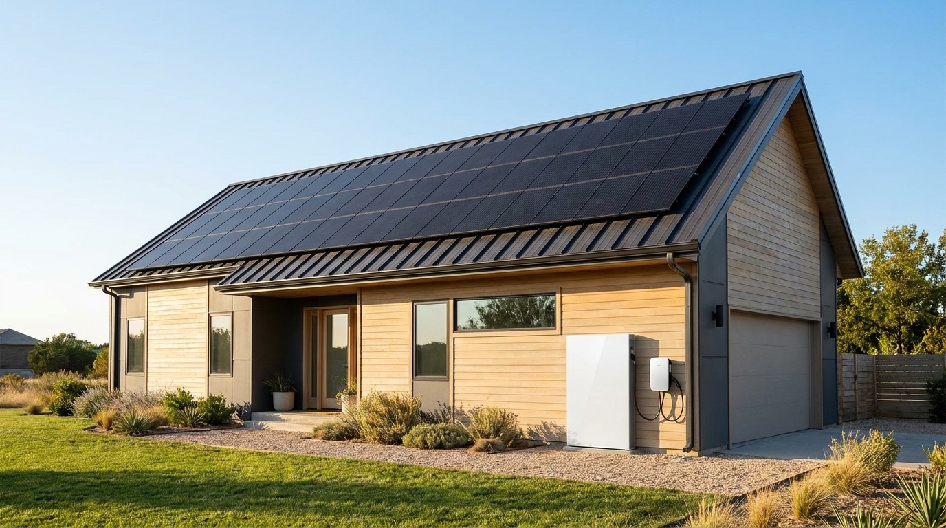 Modernes Einfamilienhaus mit Solaranlage auf dem Dach und Batteriespeicher an der Hauswand