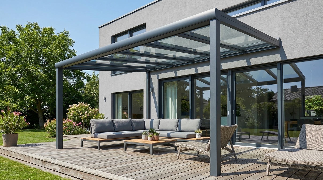 Moderne Terrassenueberdachung aus Aluminium mit Glasdach an einem Haus mit Lounge-Moebeln