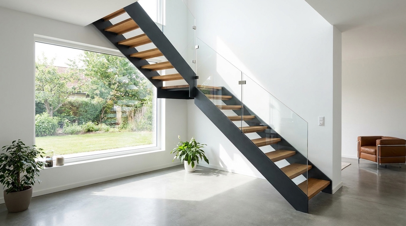 Moderne freitragende Stahltreppe mit Holzstufen und Glasgelaender in einem hellen Wohnraum