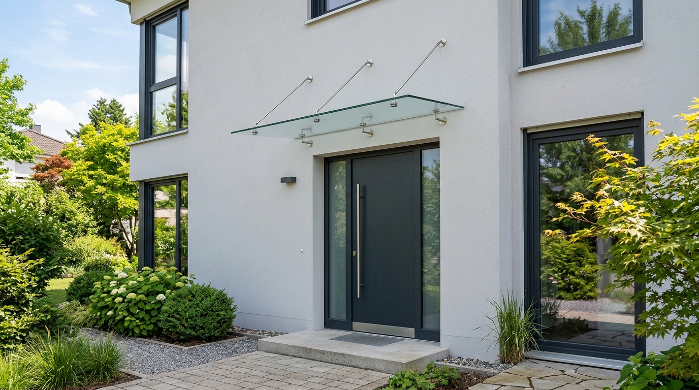 Freitragendes Edelstahl-Glasvordach ueber der anthrazitfarbenen Haustuer eines modernen Hauses