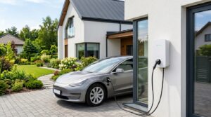 Weisse Wallbox an der Hauswand eines Einfamilienhauses laedt ein Elektroauto in der Einfahrt