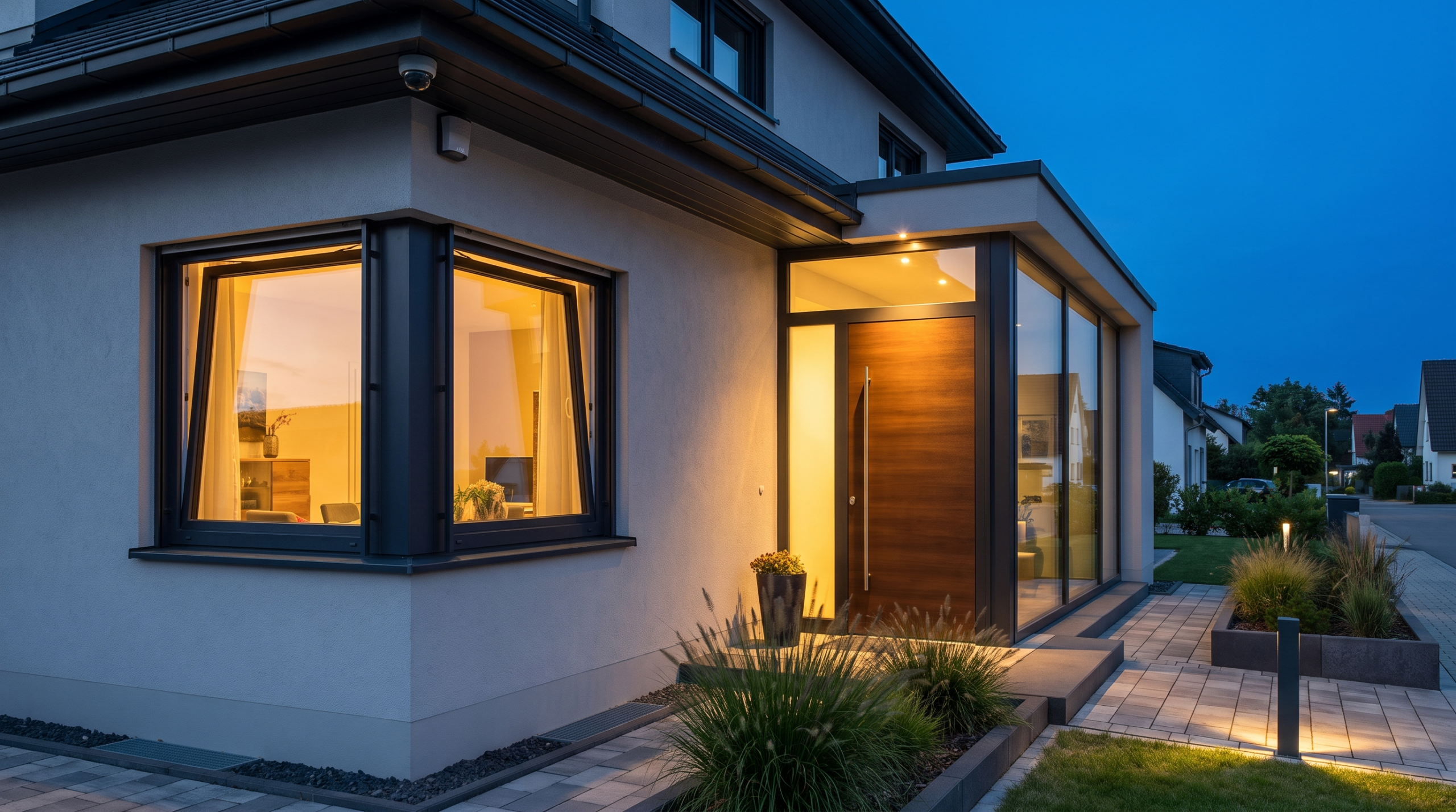 Modernes Neubau-Einfamilienhaus in der Abenddaemmerung mit beleuchteten Fenstern, Holz-Haustuer und dezentem Bewegungsmelder