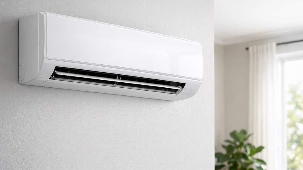 Weißes Innengerät einer Split-Klimaanlage an einer hellen Wand im Wohnzimmer
