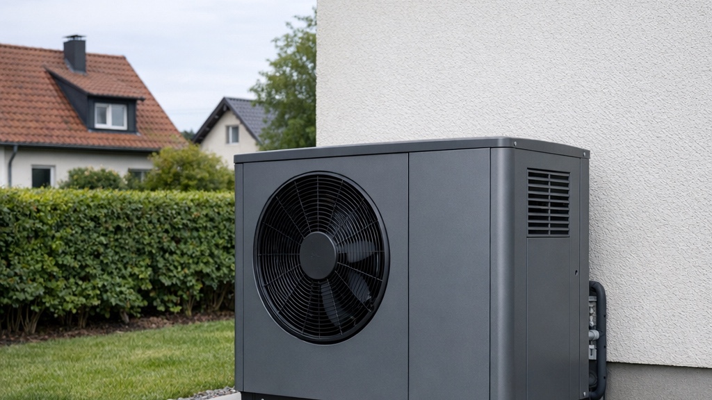 Wärmepumpe-Außengerät neben einer Hauswand, dahinter Hecke und Nachbarhaus