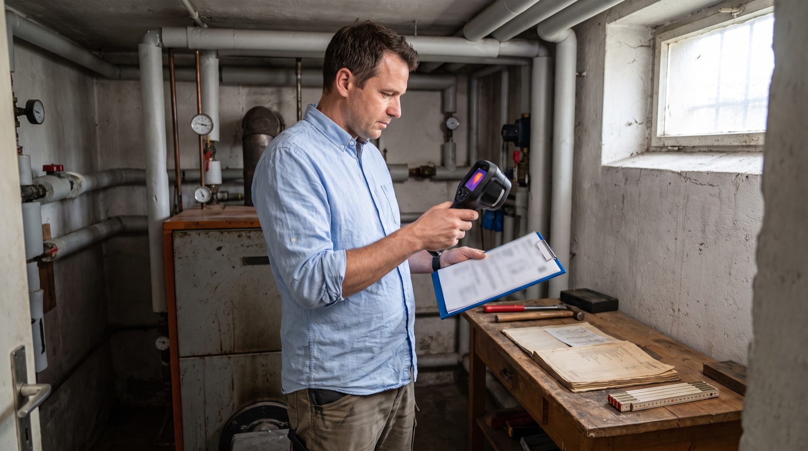Energieberater bei der Bestandsaufnahme im Heizungskeller Energieberater prueft mit Waermebildkamera und Klemmbrett die Heizung im Keller eines Einfamilienhauses