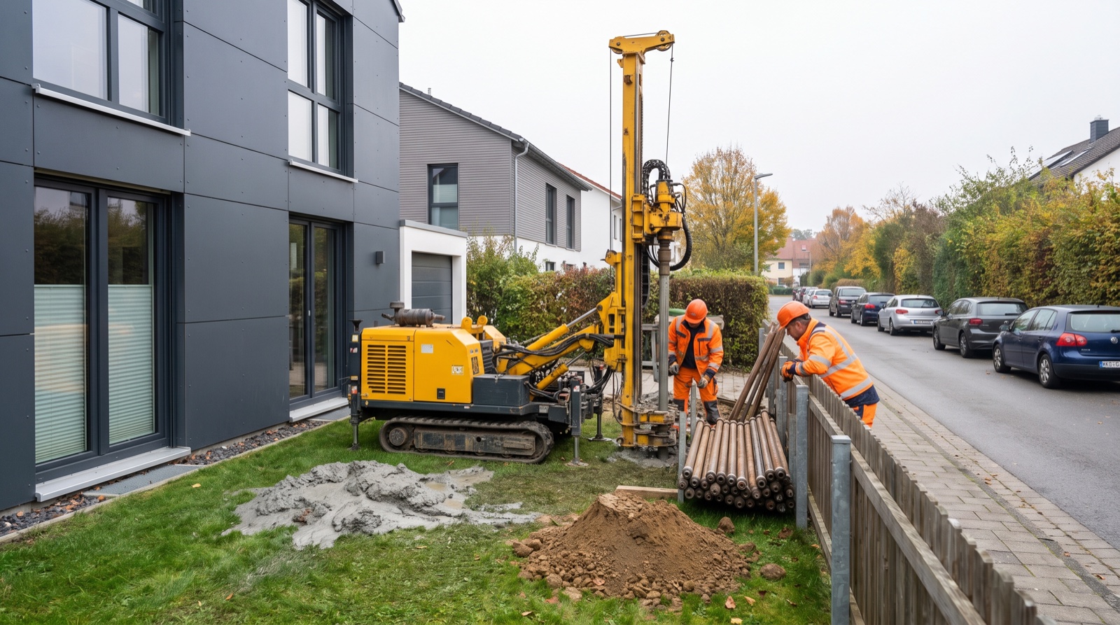 Bohrgerät bohrt eine Erdwärmesonde im Vorgarten eines Einfamilienhauses