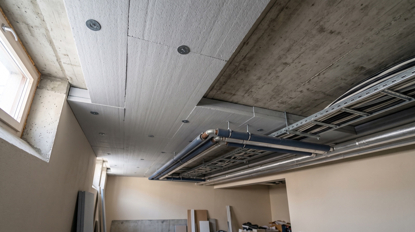 Kellerdecke dämmen Teilweise gedämmte Kellerdecke mit Dämmplatten, Tellerdübeln und gedämmten Heizungsrohren