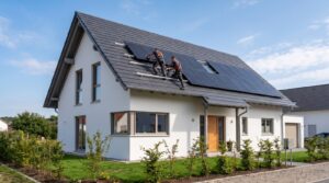 Neubau mit Satteldach, zwei Monteure mit Sicherungsgurt montieren Photovoltaik-Module