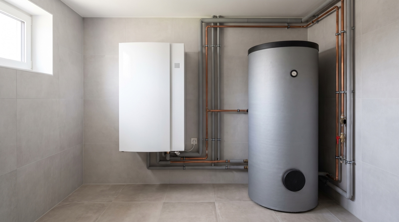 Wärmepumpen-Inneneinheit mit Pufferspeicher im Technikraum Technikraum mit Wärmepumpen-Inneneinheit und Pufferspeicher