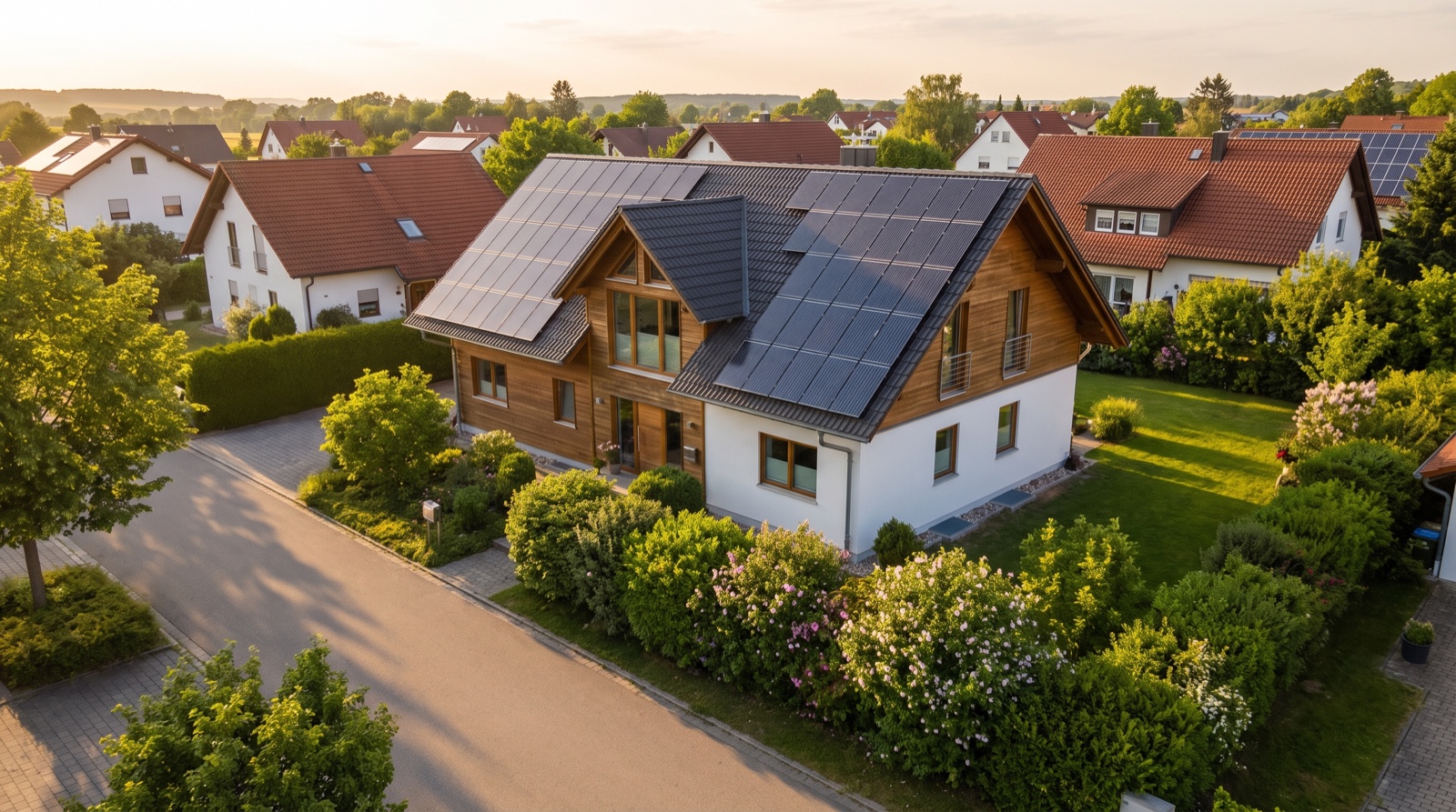 Wohnhaus mit Solarmodulen auf beiden Dachhaelften in Ost-West-Ausrichtung