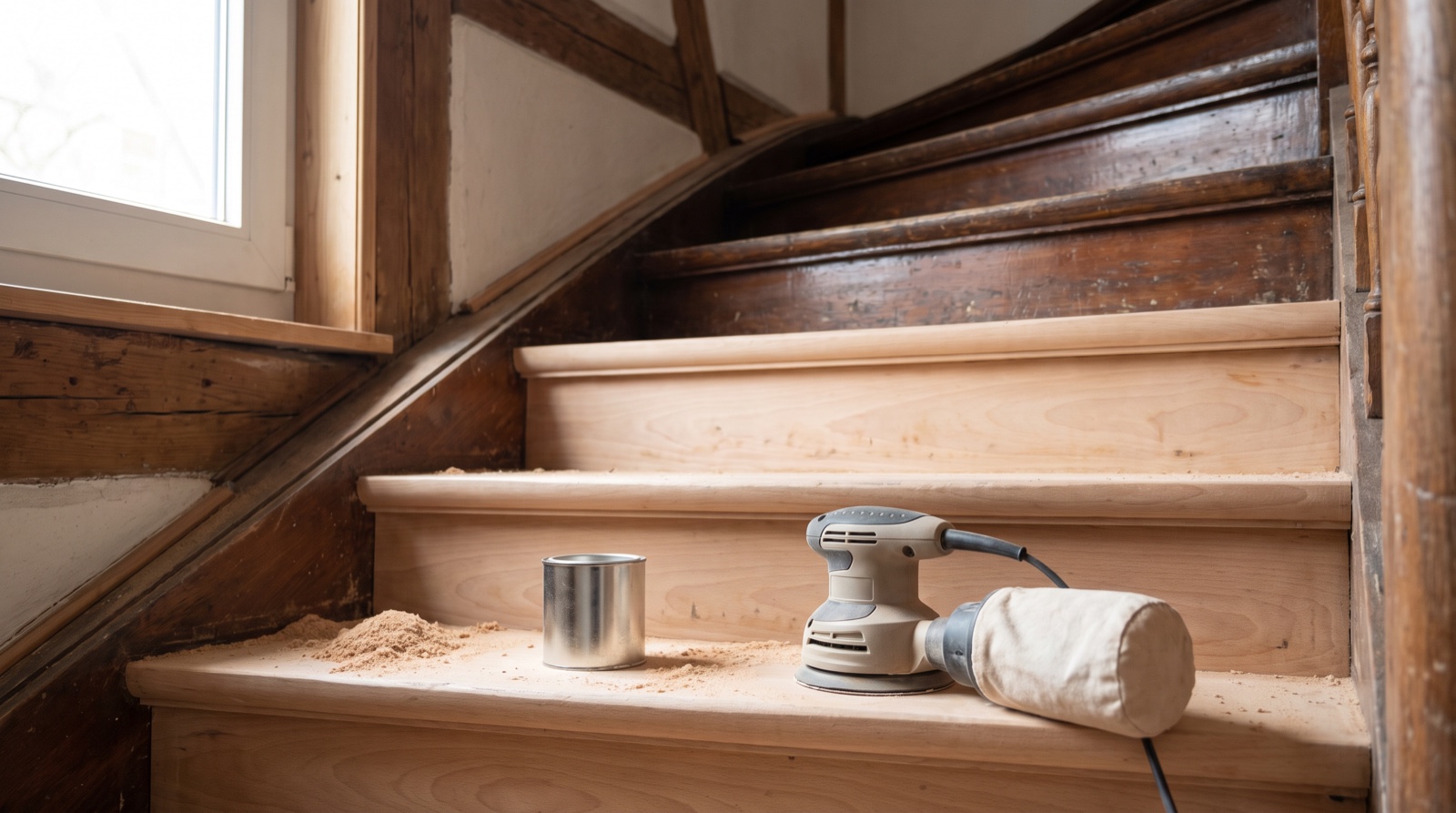 Alte Holztreppe mit frisch abgeschliffenen Stufen, Exzenterschleifer und Öldose