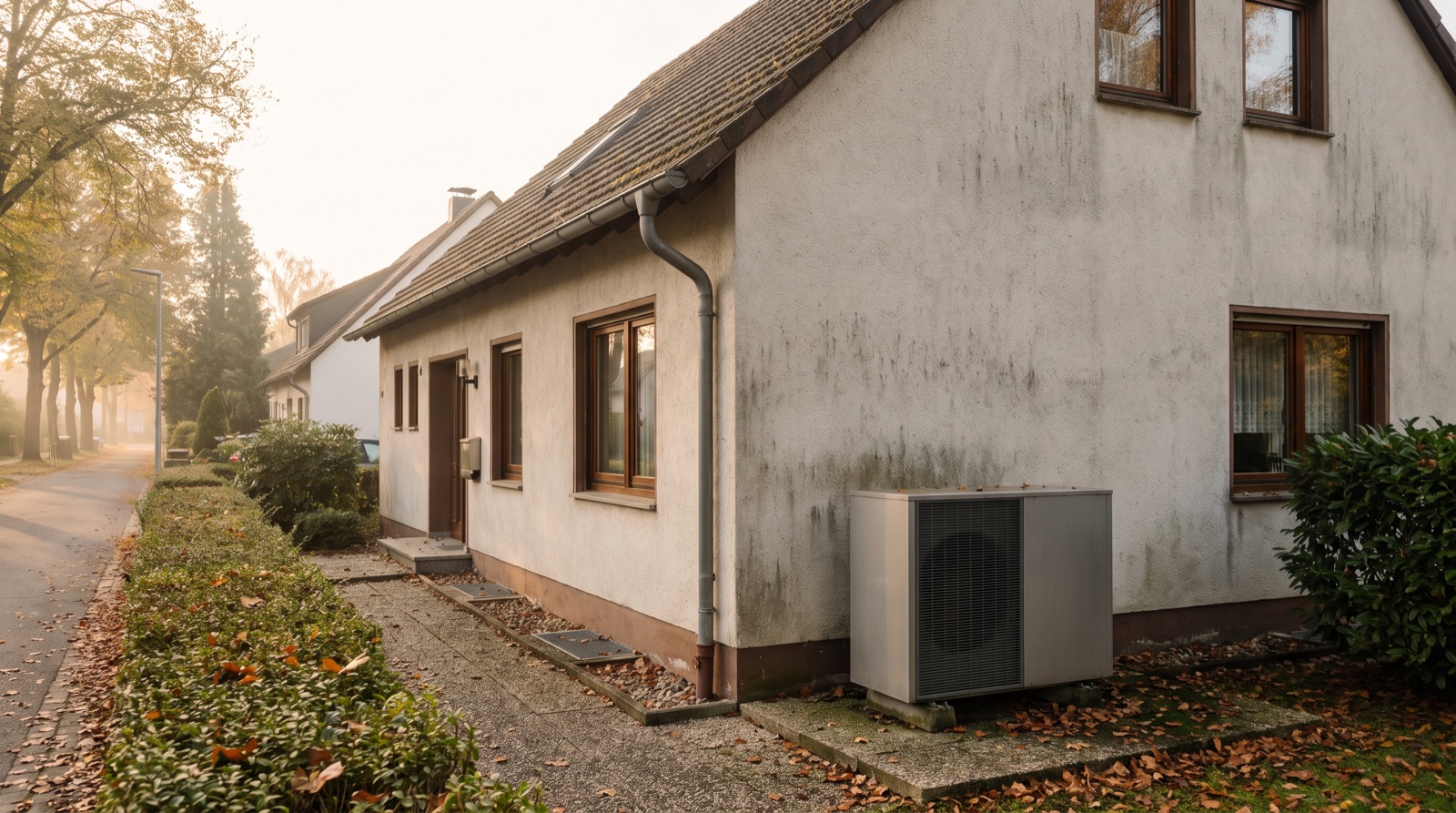 Luft-Wasser-Wärmepumpe neben der ungedämmten Fassade eines älteren Einfamilienhauses