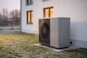 Luft-Wasser-Wärmepumpe vor einem Einfamilienhaus an einem frostigen Herbstmorgen, die Fenster sind warm beleuchtet