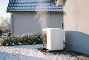 Weißes Außengerät einer Luft-Wasser-Wärmepumpe an einer Hauswand im Schnee, aus dem Gerät steigt Wasserdampf auf