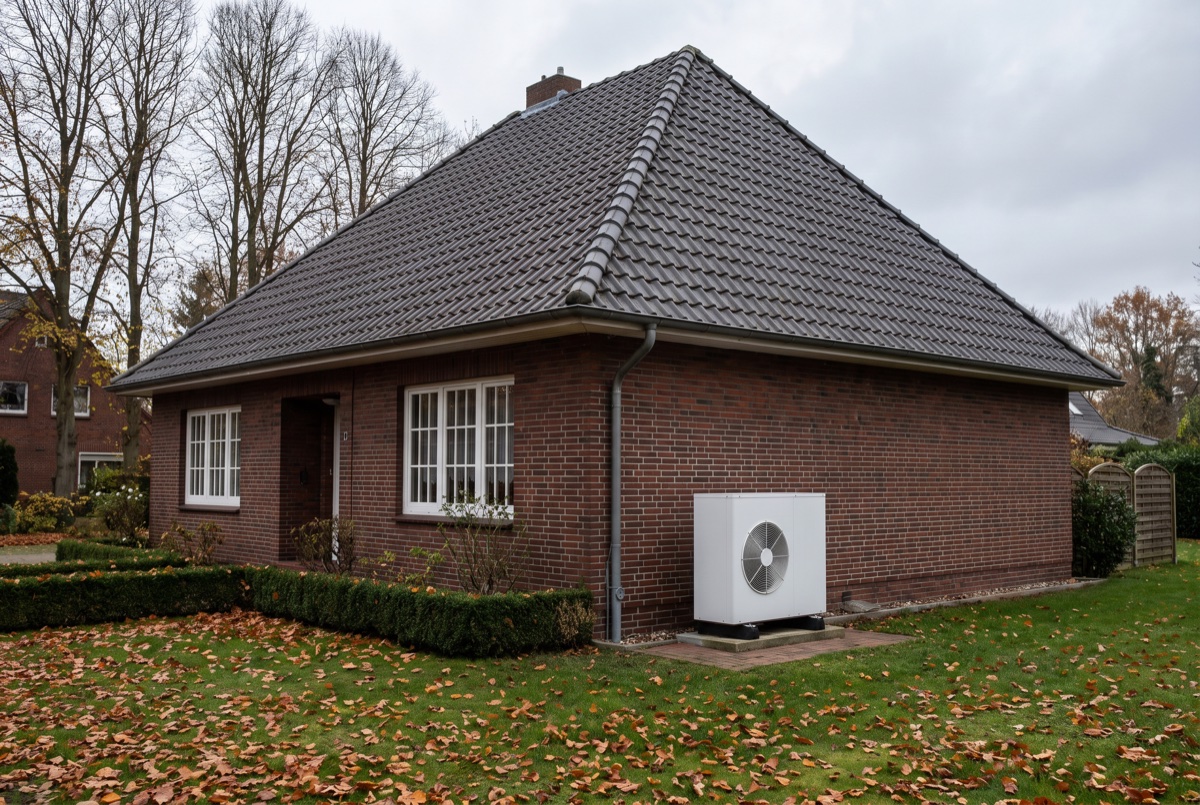 Wärmepumpe Förderung Hamburg Rotklinker-Einfamilienhaus in Hamburg mit Walmdach und Außeneinheit einer Luft-Wasser-Wärmepumpe an der Hauswand