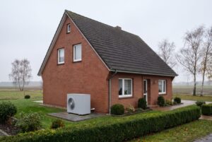Rotes Klinker-Einfamilienhaus in Niedersachsen mit Luft-Wasser-Wärmepumpe im Garten