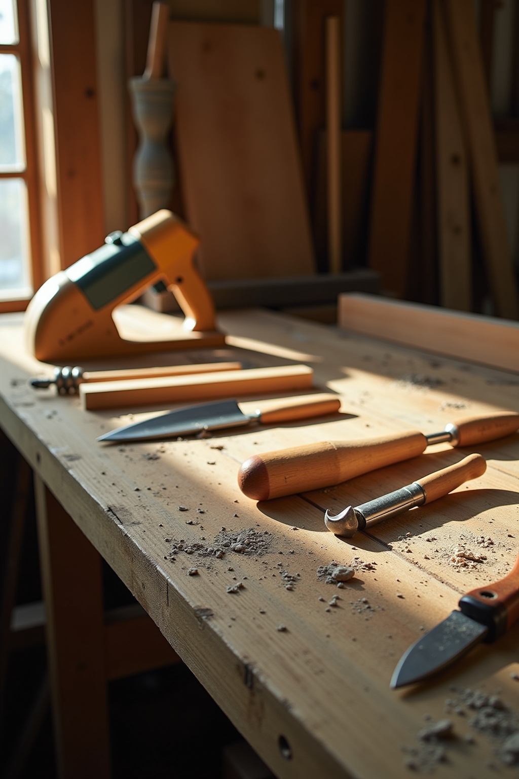 Werkzeuge und Materialien für den Bau einer Holzbank